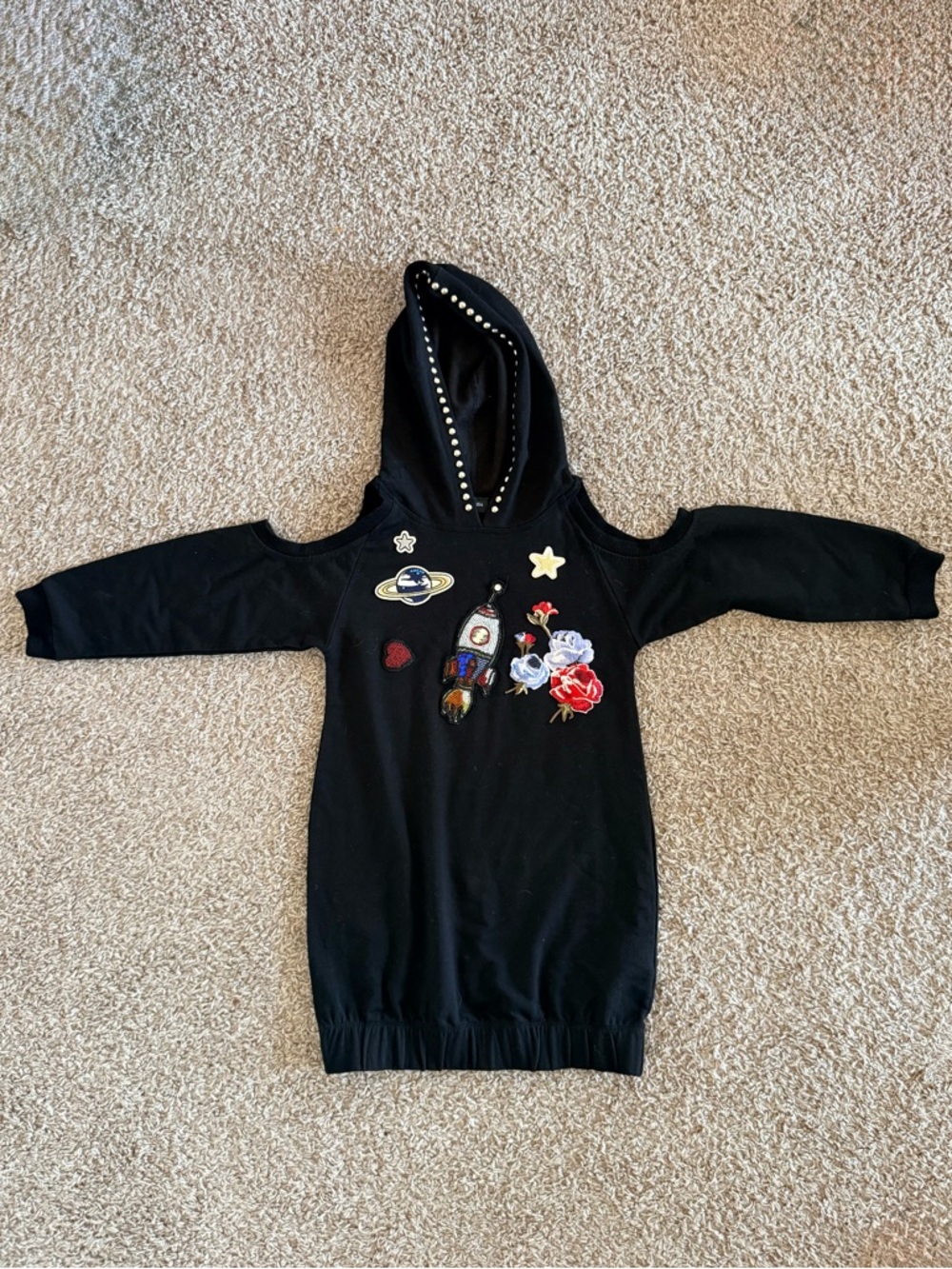 MonnaLisa Black Hooded Cold-Shoulder Dress with Rocket & Floral Patches
